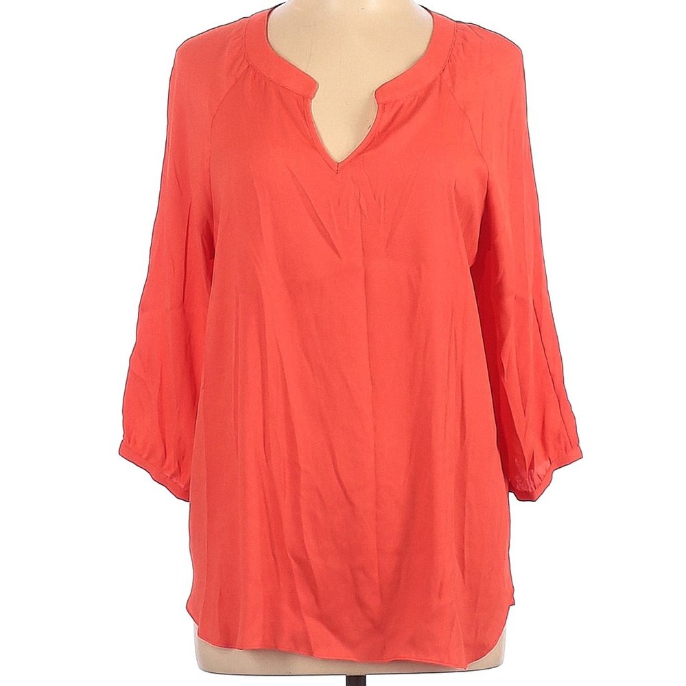 ELAINE TURNER Lipstick Red-Orange Split-Neck Career Blouse Size L